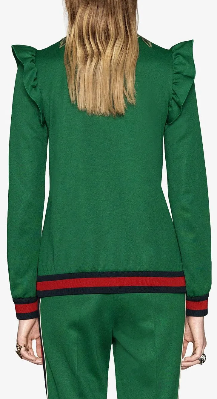 Embroidered Technical Jersey Jacket and Embroidered Wide Leg Jogging Pants, Green