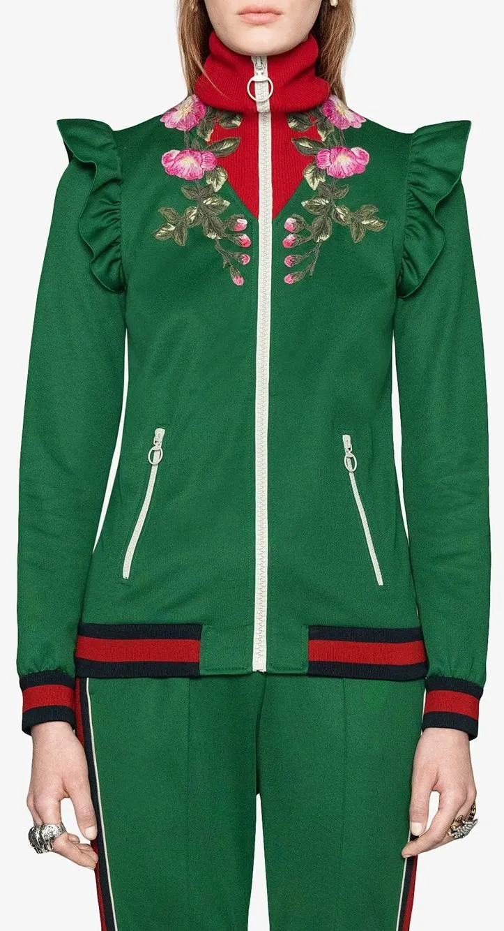Embroidered Technical Jersey Jacket and Embroidered Wide Leg Jogging Pants, Green