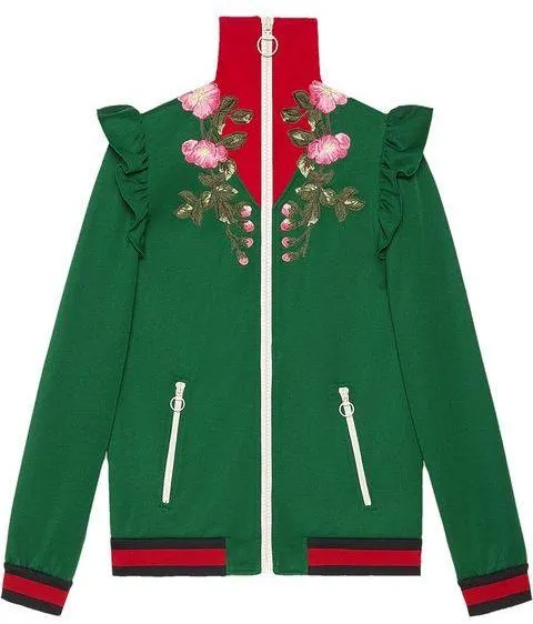 Embroidered Technical Jersey Jacket and Embroidered Wide Leg Jogging Pants, Green