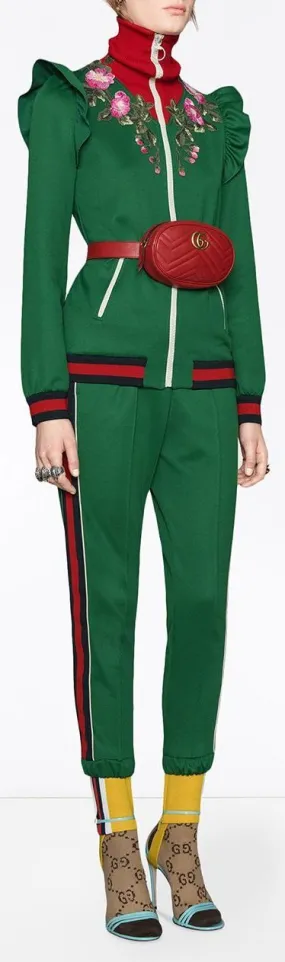 Embroidered Technical Jersey Jacket and Embroidered Wide Leg Jogging Pants, Green