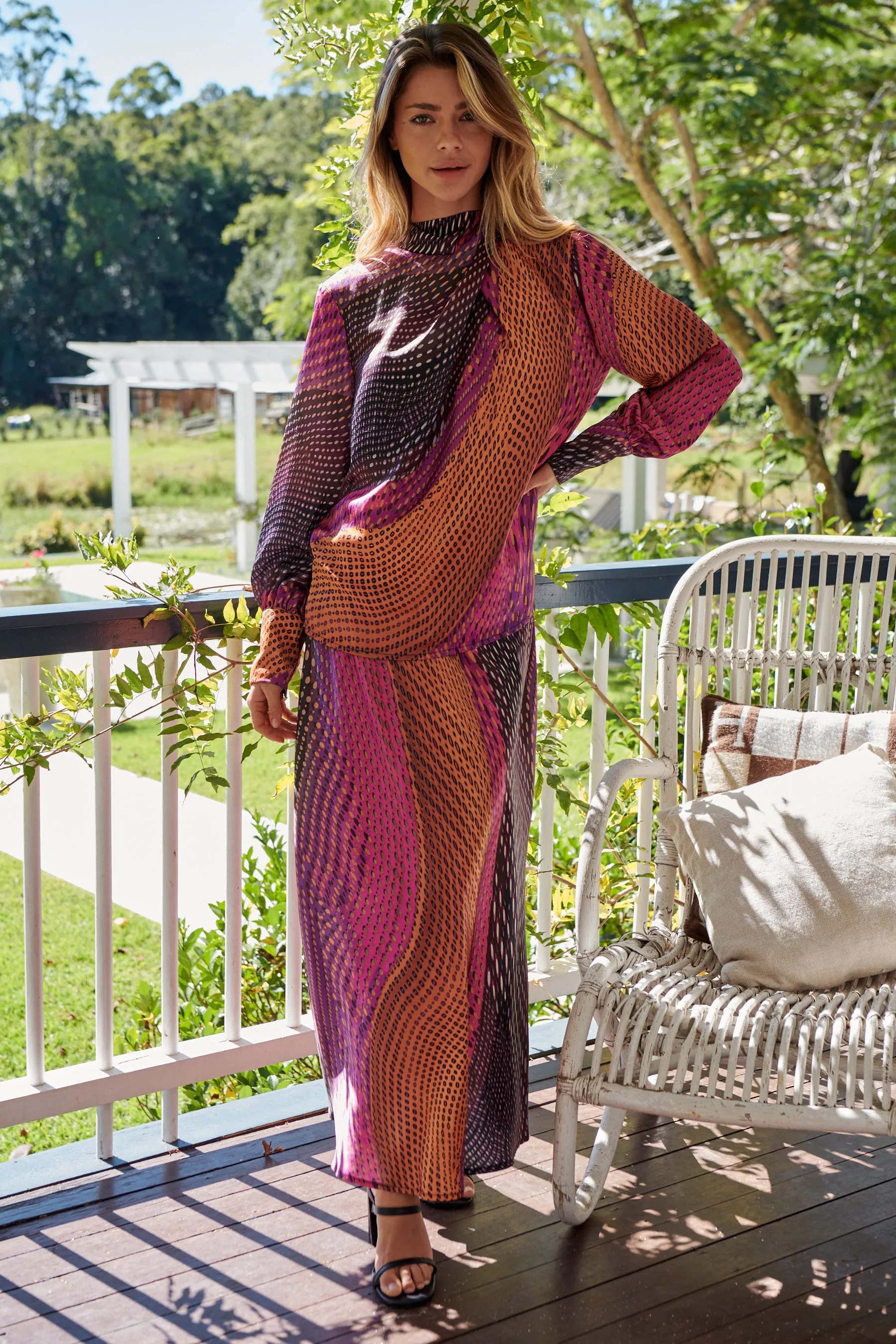 Esmeralda Purple/Orange Print Top Skirt Set