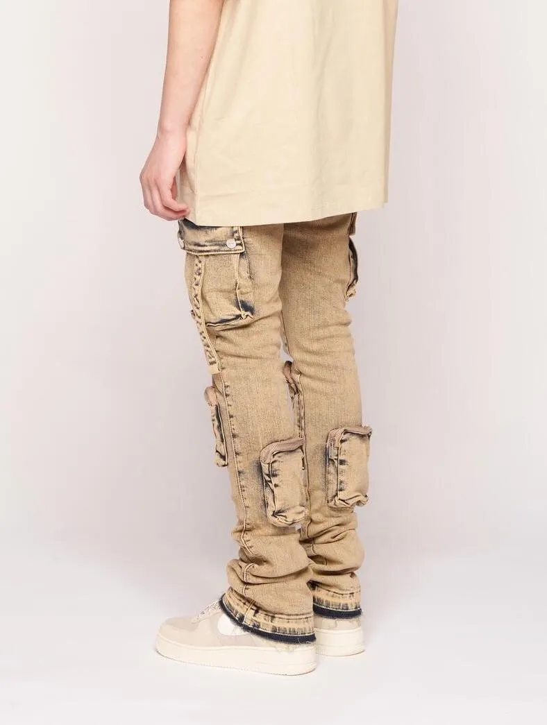 Pheelings NEVER LOOK BACK CARGO FLARE STACK DENIM (MEDIUM BLUE SAND)