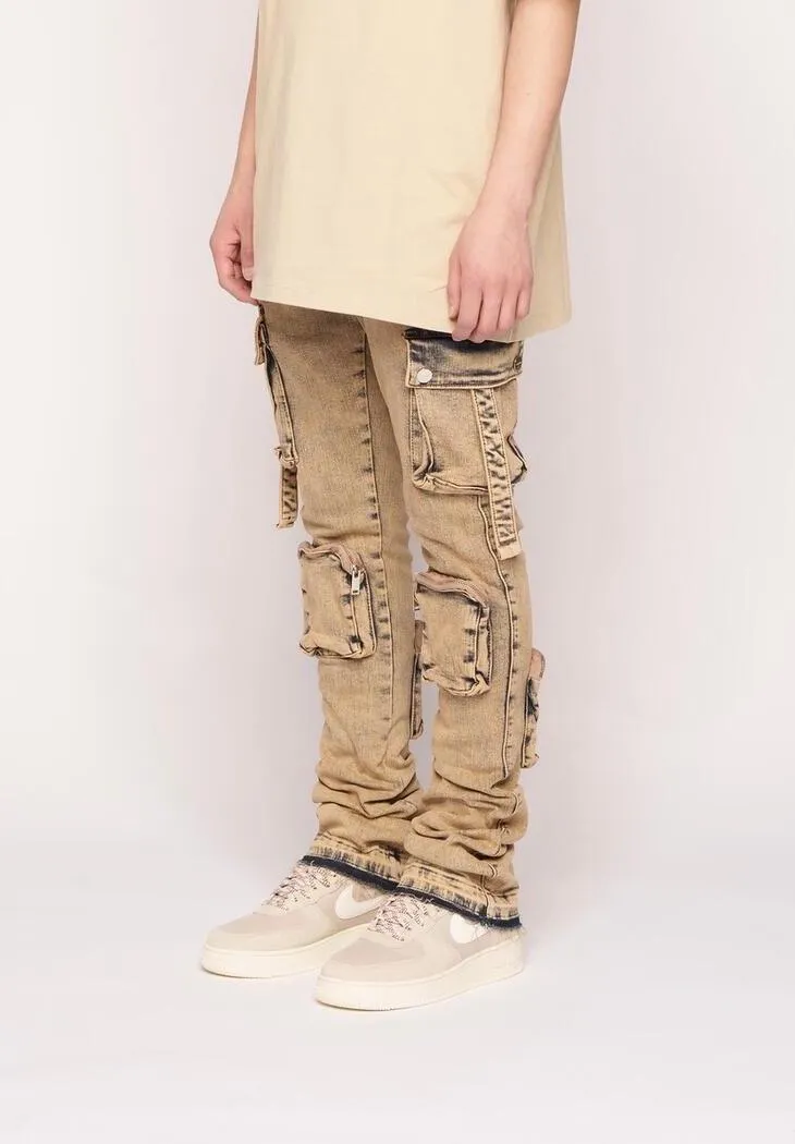 Pheelings NEVER LOOK BACK CARGO FLARE STACK DENIM (MEDIUM BLUE SAND)