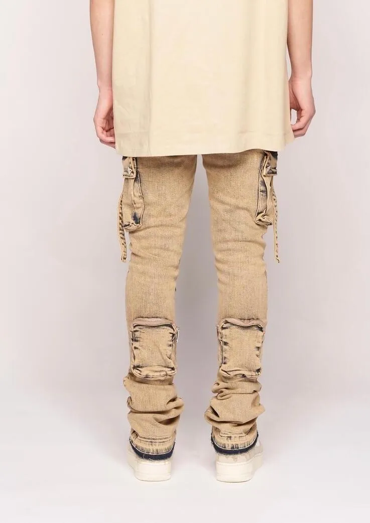 Pheelings NEVER LOOK BACK CARGO FLARE STACK DENIM (MEDIUM BLUE SAND)