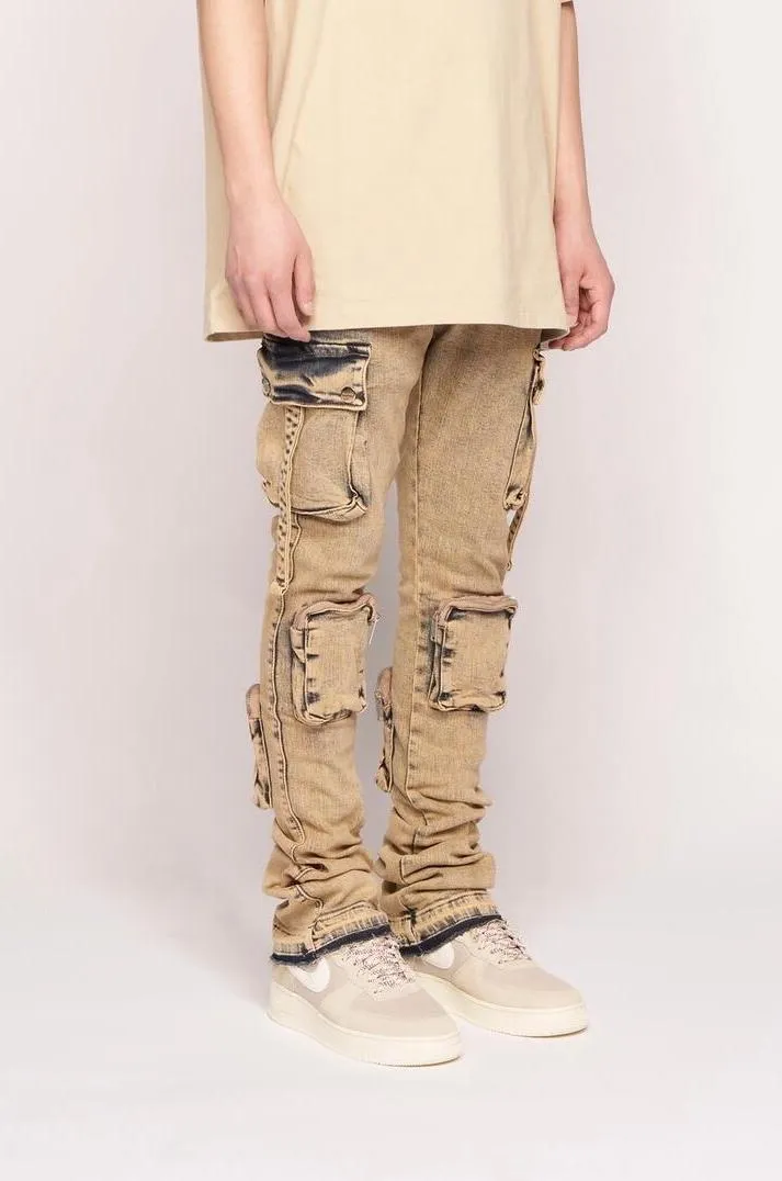 Pheelings NEVER LOOK BACK CARGO FLARE STACK DENIM (MEDIUM BLUE SAND)